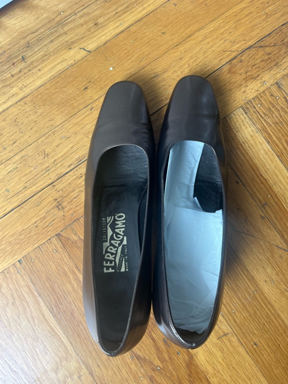 Salvatore Ferragamo Dark Brown gold Leather Square-Toe Loafers
